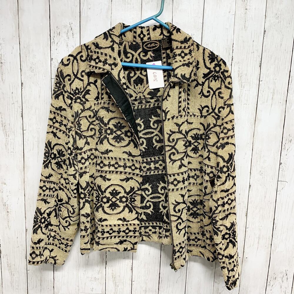 Vintage Allure Jacket Women Large Geometric Printed Collared Full Zip Tan Black